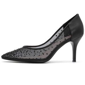 Pointed Toe Rhinestones Kitten Heel Slip On Pumps